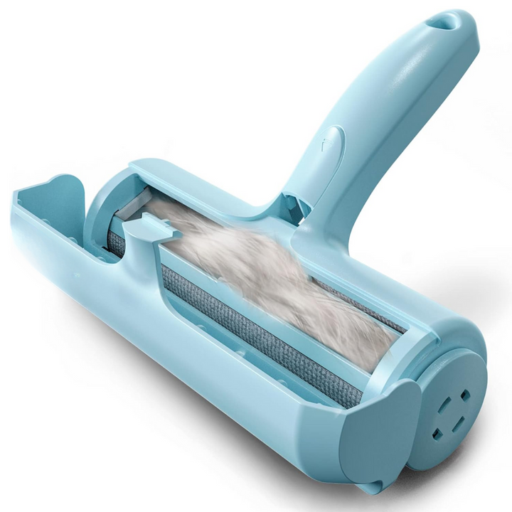 Efficient pet hair remover with red handle and white base, perfect for home cleaning dog and cat fur