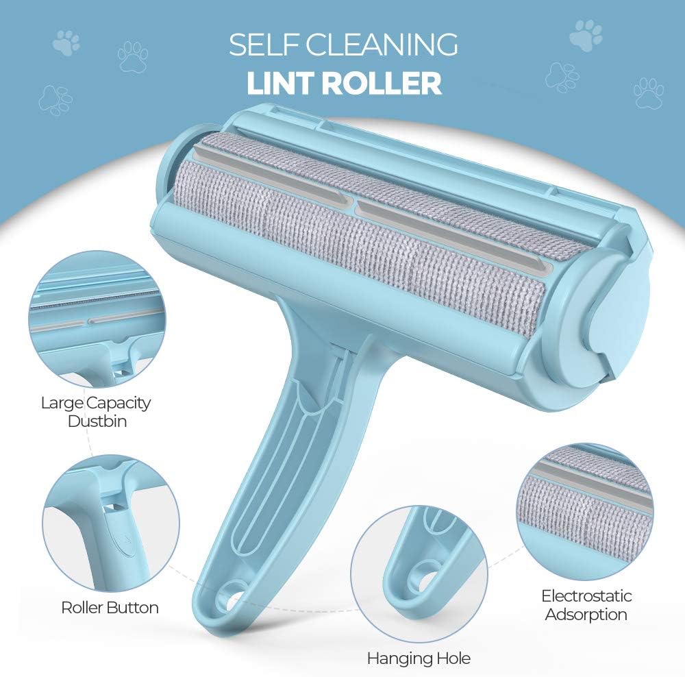 Reusable lint roller for pet hair removal, featuring a convenient self-cleaning stand for easy use