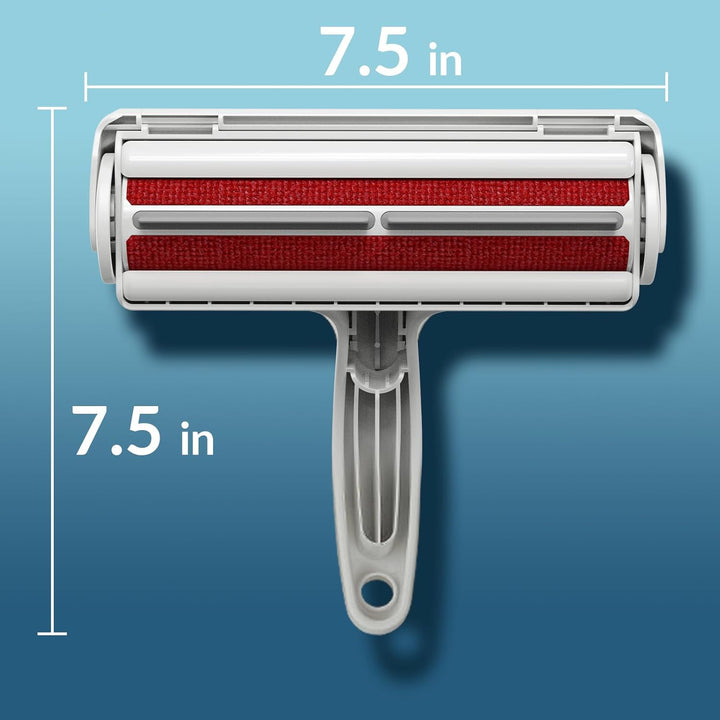 Hand holding pet hair remover lint roller, demonstrated for quick removal of pet hair from fabric