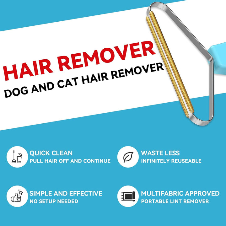Hand holding pet hair remover, demonstrating use on a car seat for dog hair