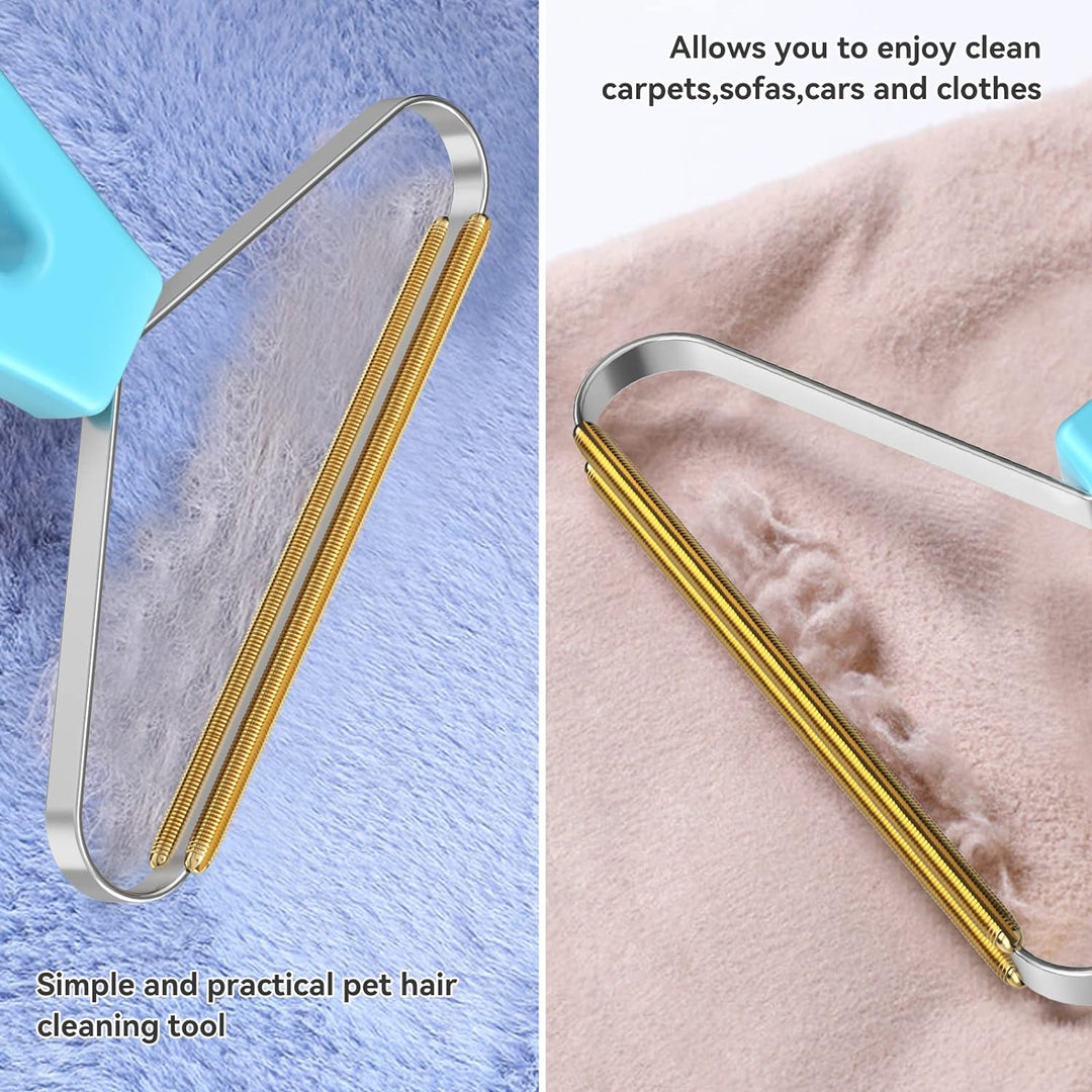Pet hair remover tool with pet care tags, effective for cat and dog hair
