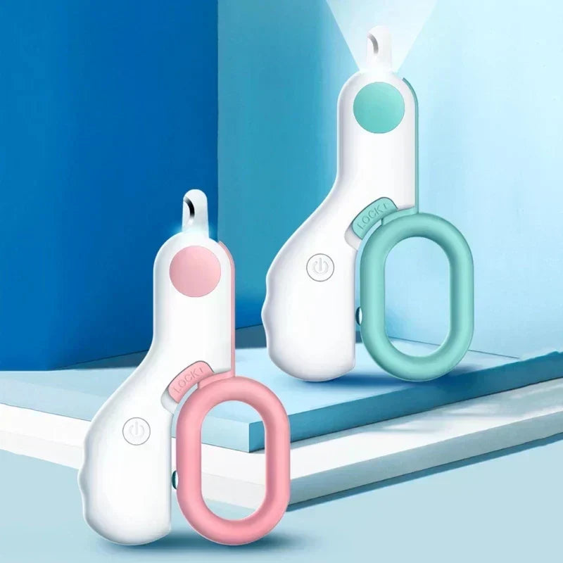 Close-up: LED pet nail trimmer with light, illuminating dog's paw for safe cuts.