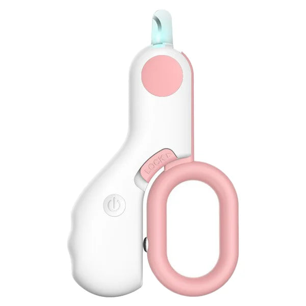 Person safely trimming cat's nails with illuminated LED pet nail clipper for precise animal care.