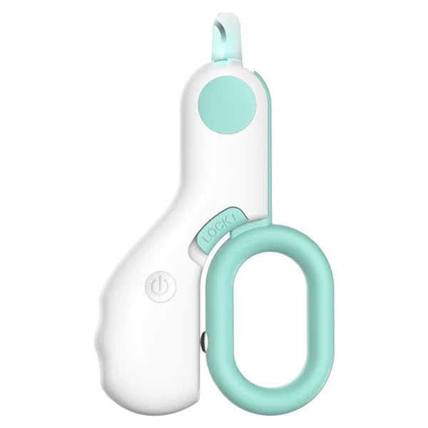Detail of LED pet nail clipper: sharp blade & light for accurate, safe trimming of dog & cat nails.