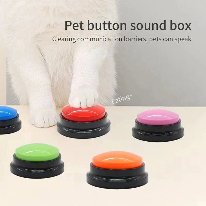 Dog training gadgets: voice recorder buttons for pets to communicate 'walk,' 'food,' or 'play.'