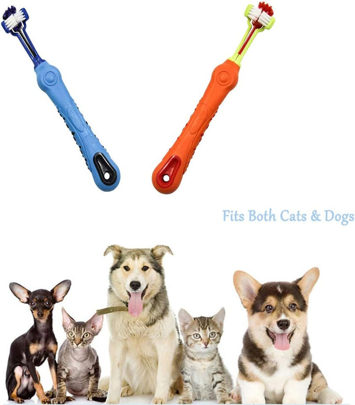 Dog enjoying dental care with a Pet Tri-Sided Toothbrush, promoting healthy gums & teeth