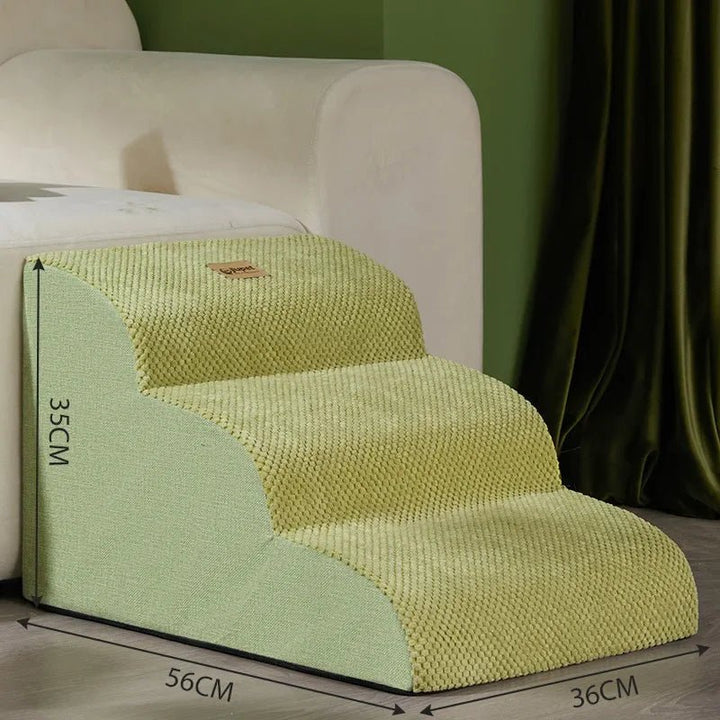 PetComfort supportive memory foam stairs, aiding small dogs and cats with bed and couch access.