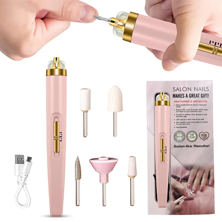 Pink 5-in-1 electric nail polisher with LED light, portable manicure tool for nail care