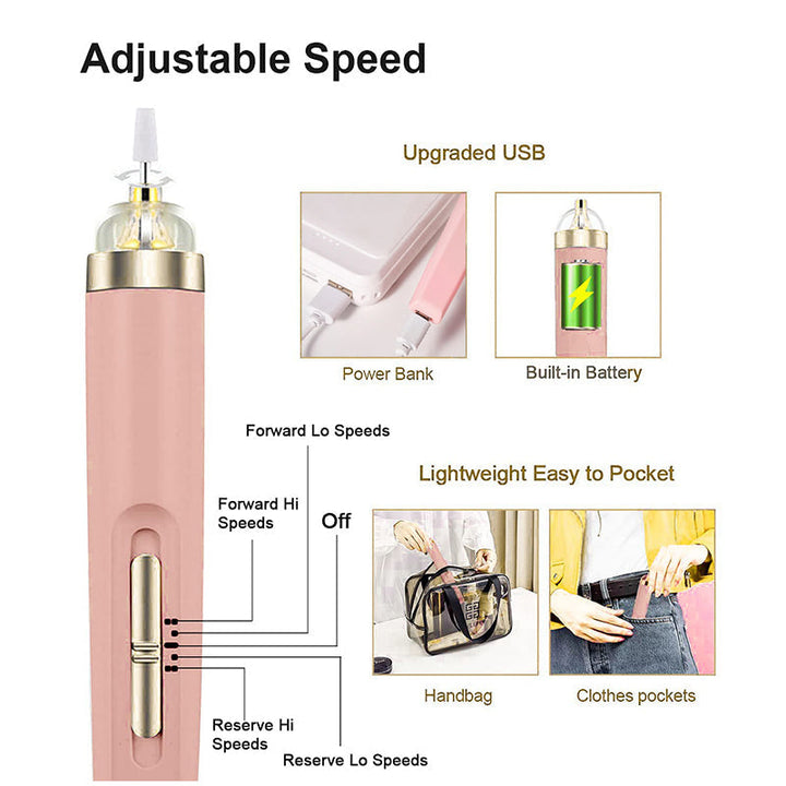 Set of electric nail polisher, different heads for filing, buffing, and shining nails