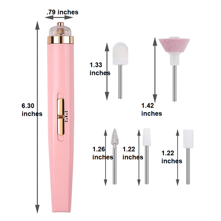 Detail shot of the grinding head of a 5-in-1 electric nail tool with light