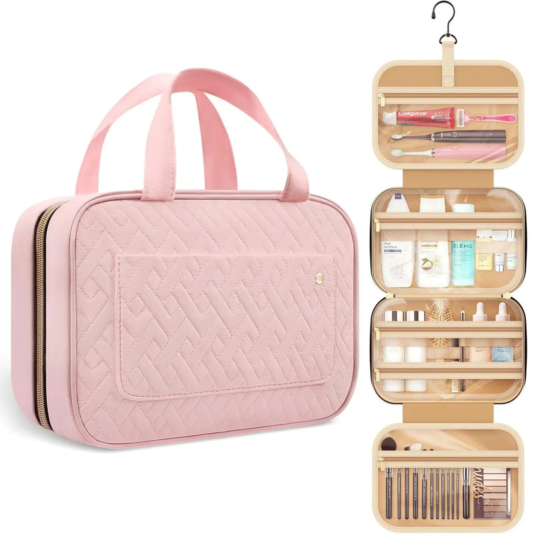 Pink and black striped women's hanging travel toiletry bag with multiple compartments for organization.