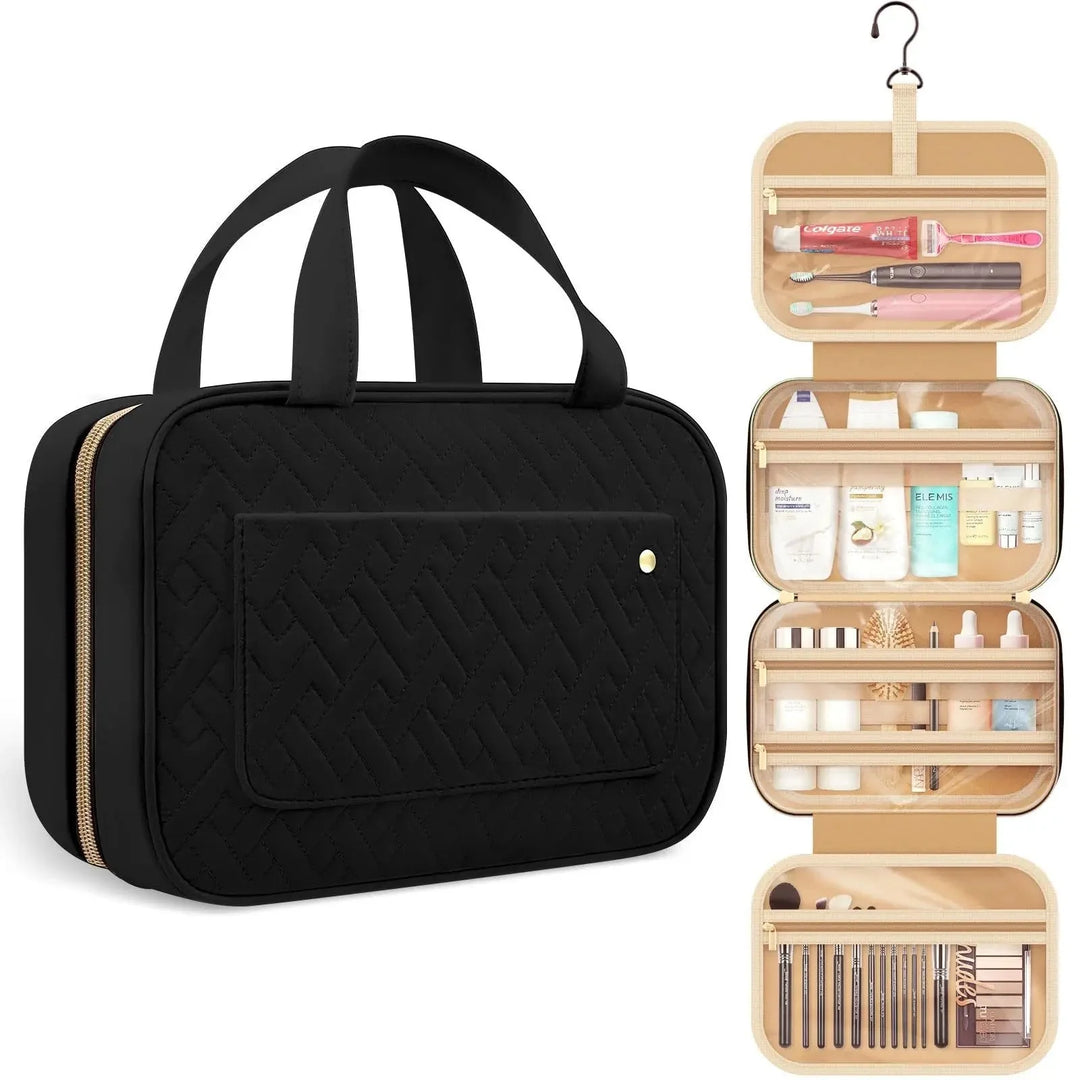 Compact waterproof hanging cosmetic bag for women, perfect for travel organization and toiletries.
