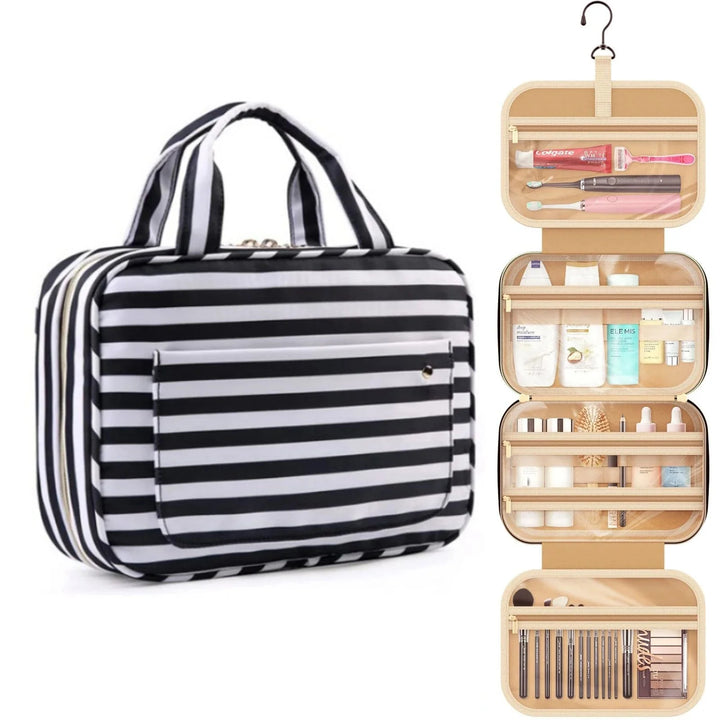 Women's portable makeup organizer bag in stylish pink and black stripes, ideal for travel essentials.