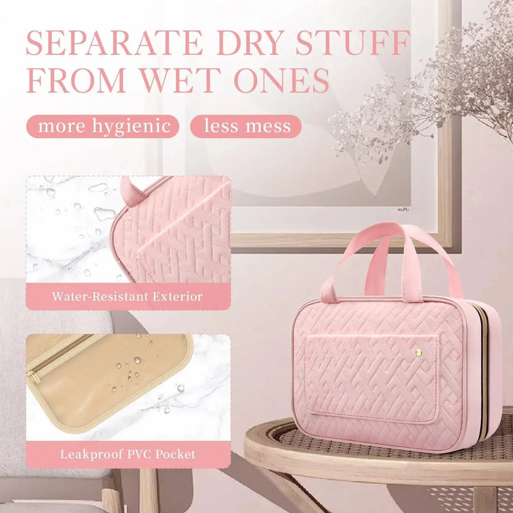 Organized women's travel bag for cosmetics and toiletries, a striped pink and black portable kit.