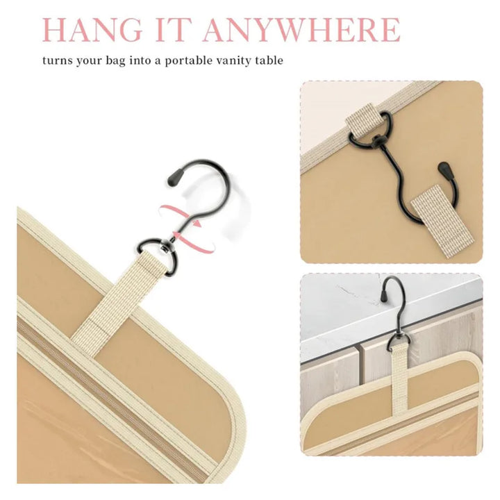 Waterproof hanging travel organizer for women's toiletries & makeup, with a chic striped design.