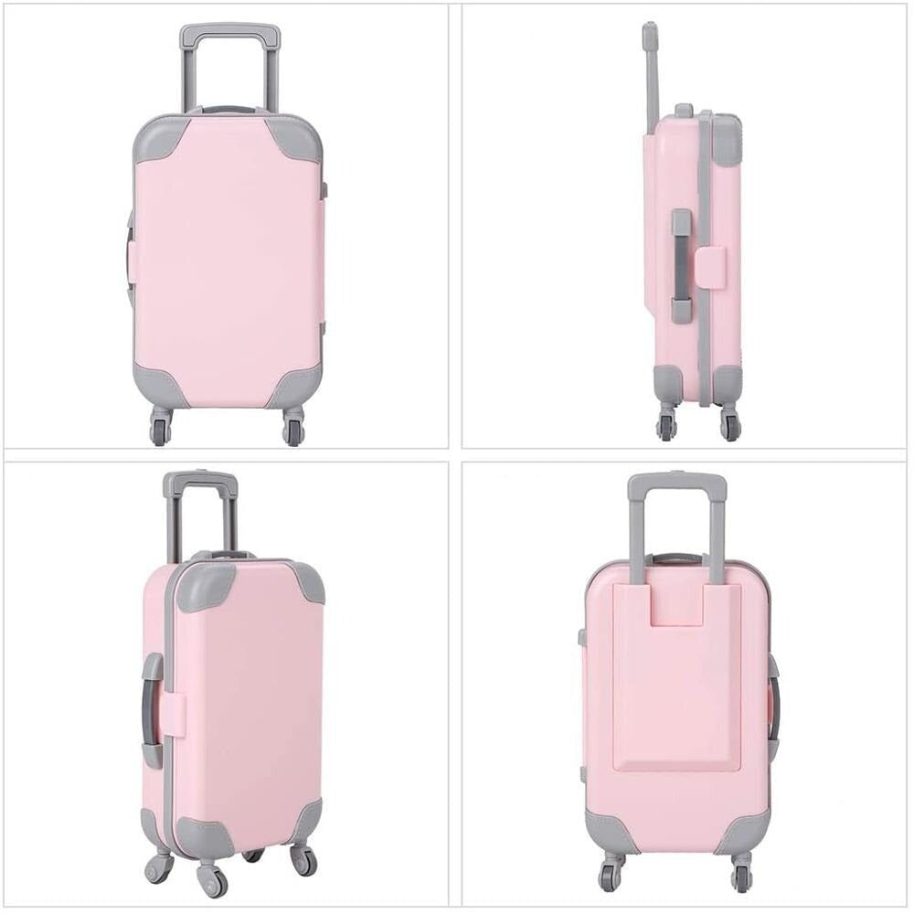 Collection of colorful doll suitcases for 18-inch dolls; perfect for organized doll accessory storage.