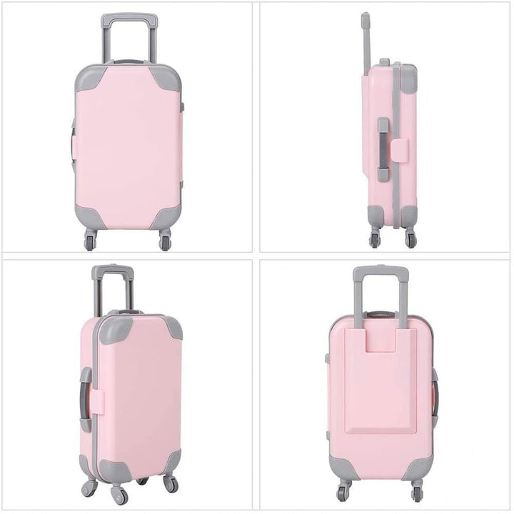 Collection of colorful doll suitcases for 18-inch dolls; perfect for organized doll accessory storage.