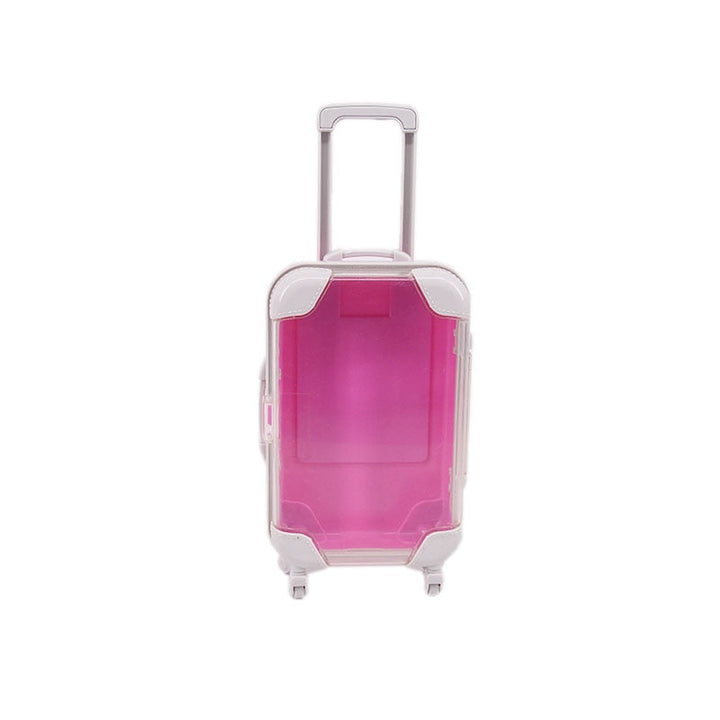 Detailed shot of doll travel suitcase with rolling wheels; essential doll accessory for 18-inch dolls.