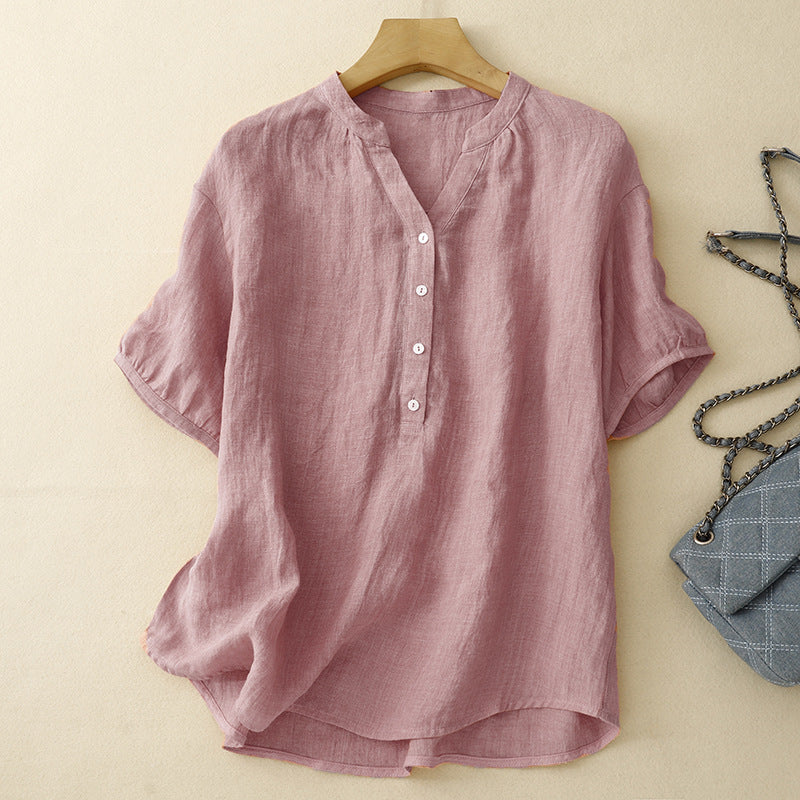 Pink flowy V-neck blouse for women, perfect for a stylish and effortless casual look.