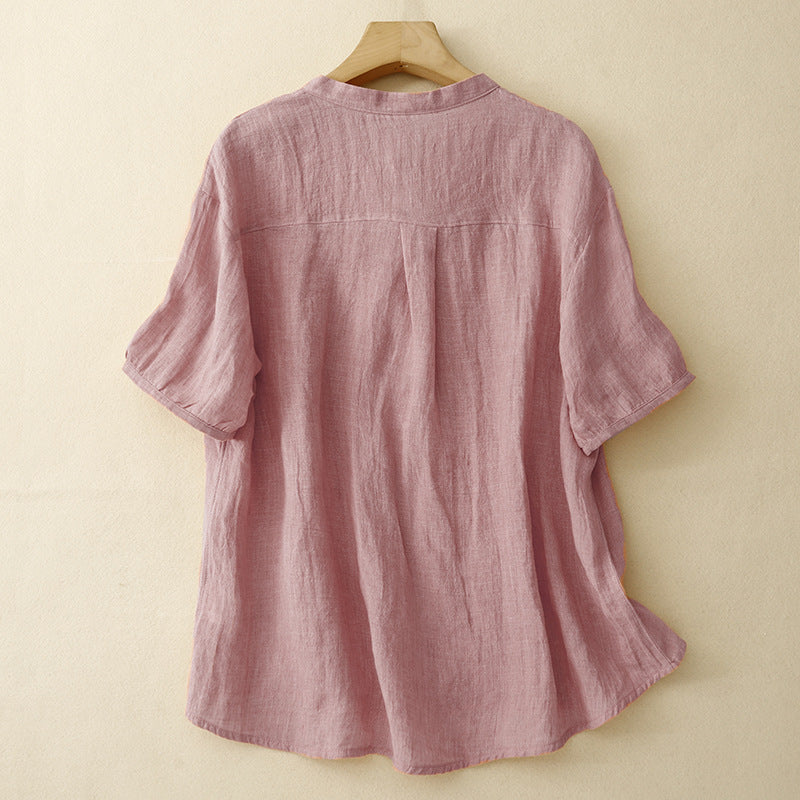 Effortless women's long sleeve flowy V-neck blouse in a vibrant pink, ideal for casual wear.