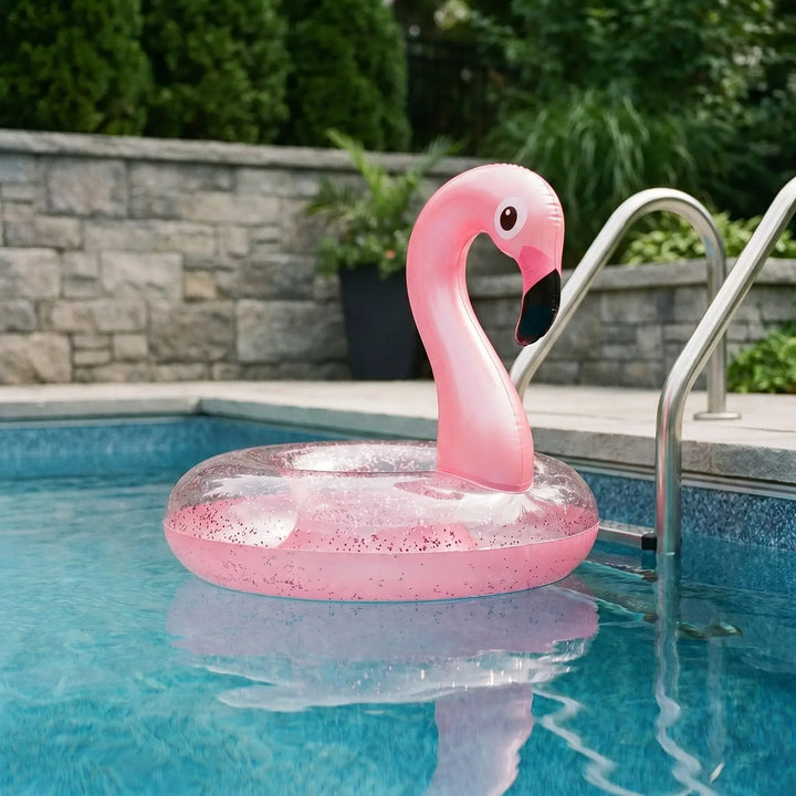 Pink inflatable flamingo pool float for adults & kids, perfect for summer water fun & pool parties.
