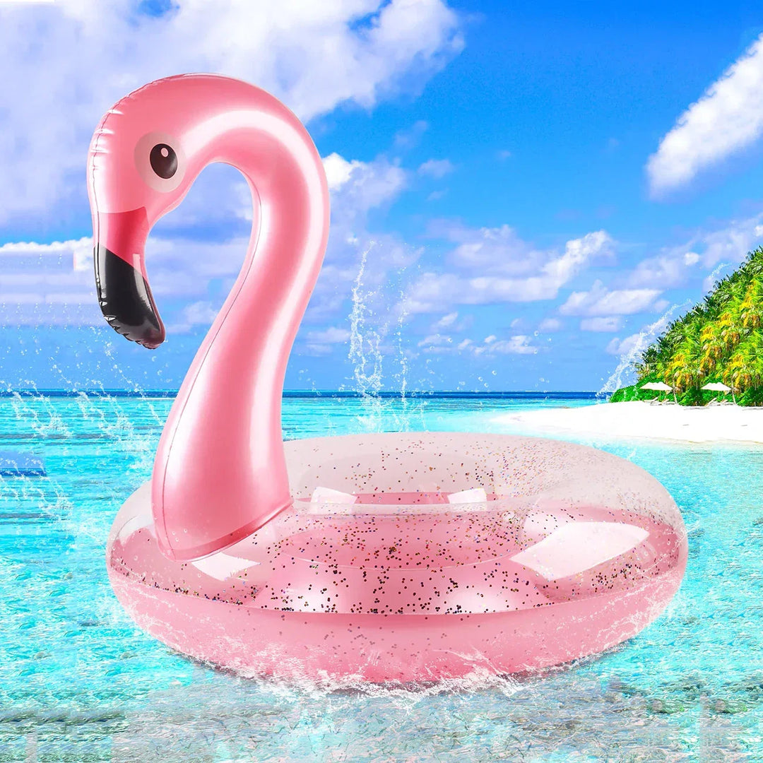 Durable inflatable flamingo pool toy for water fun, a glittery summer accessory for beach and pool relaxation.
