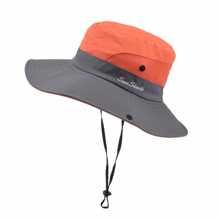 Women's fashionable pink wide brim UV protection hat, perfect for outdoor activities.