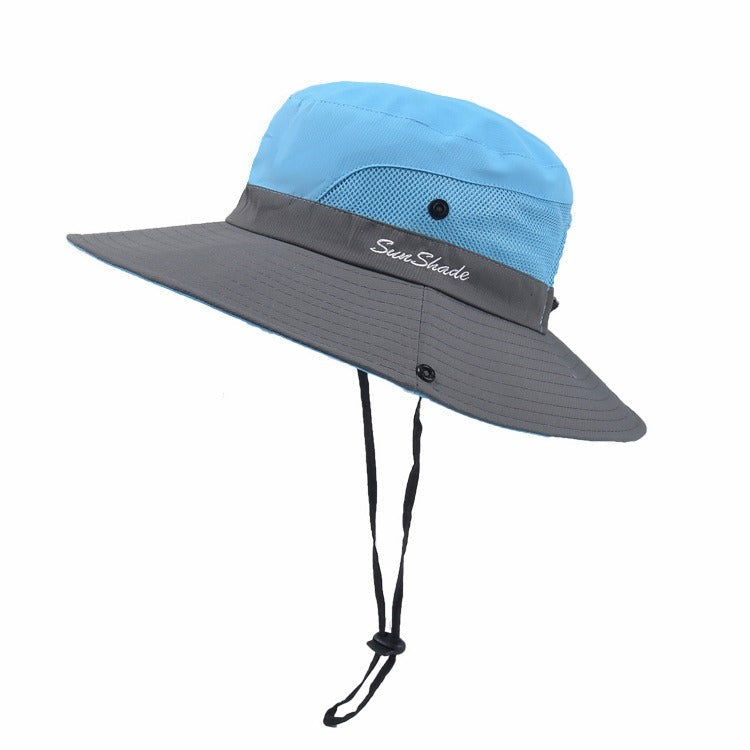 Lightweight women's pink sun hat with wide brim, great for UV protection.