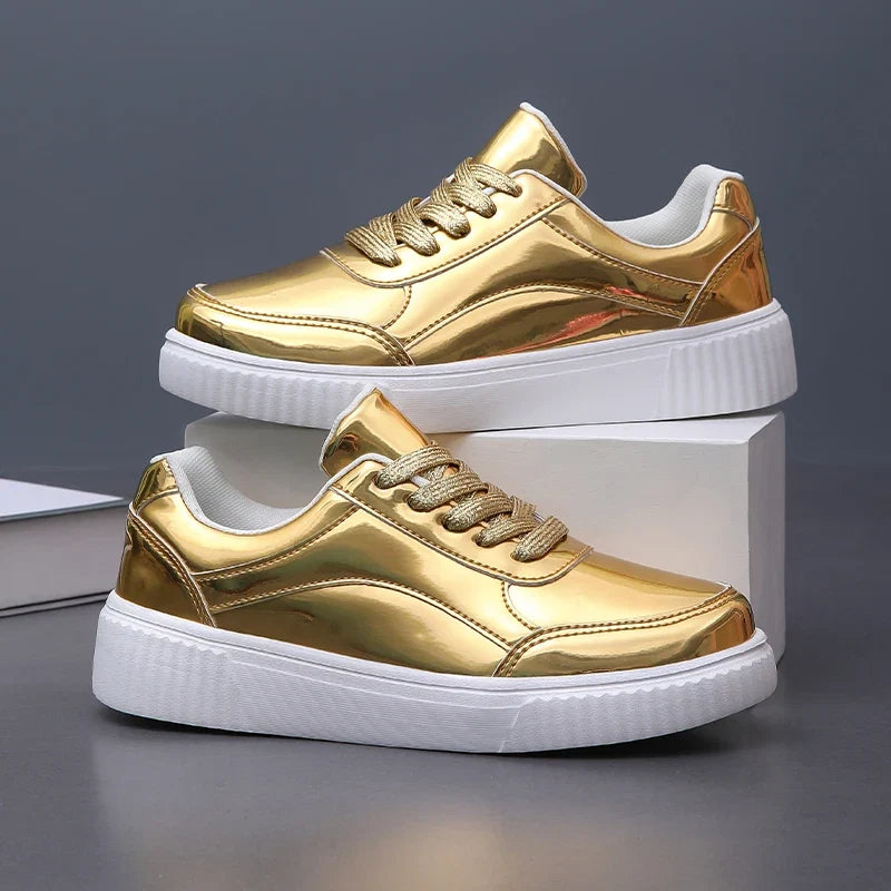 Pink women's glossy lace-up fashion sneakers, comfortable and trendy casual footwear for everyday wear.
