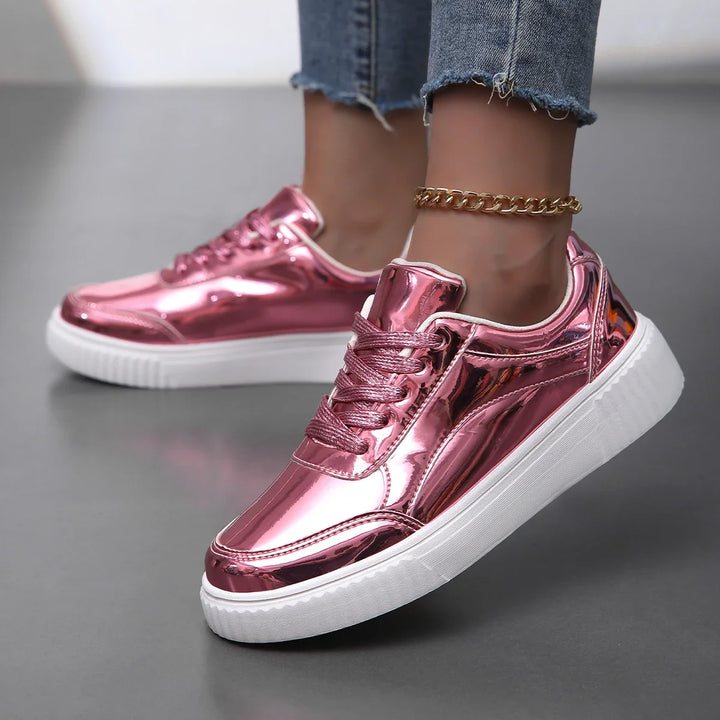 Everyday women's glossy lace-up sneakers, a comfortable and stylish option for casual fashion footwear.
