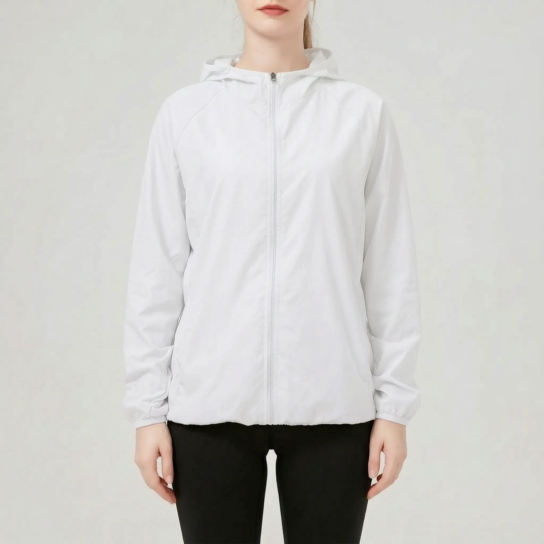 Lilac women's activewear hooded jacket, a lightweight windbreaker and rain jacket for outdoor sports and travel.