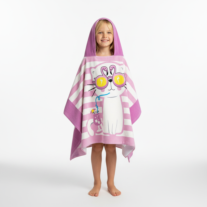 Kids' hooded animal bath towel, highly absorbent cotton, featuring fun embroidery for playful children.