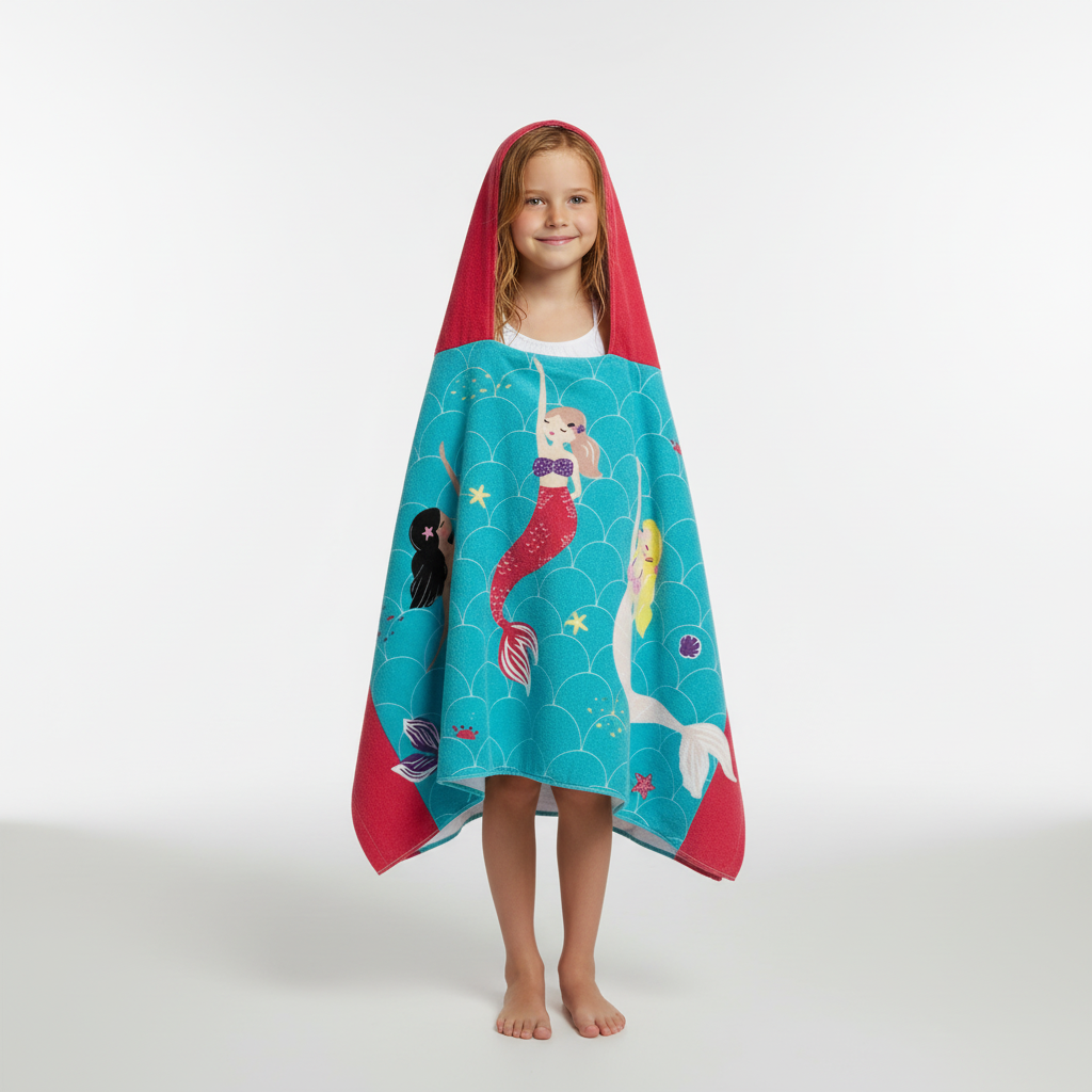 Playful children's animal hooded towel, made from soft, absorbent cotton for after-bath comfort.