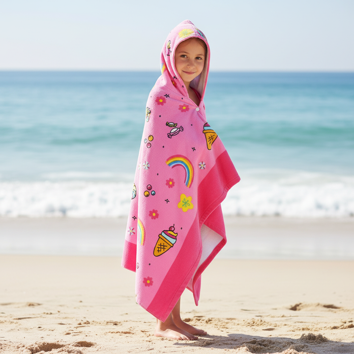 Playful kids' hooded cotton towel with vibrant cartoon embroidery, absorbent and soft for bath time.