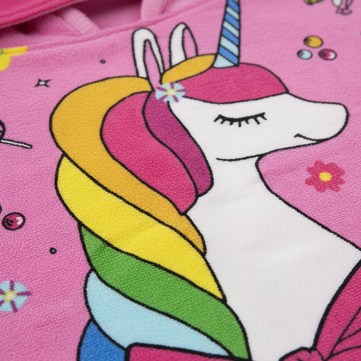 Absorbent kids' cotton hooded towel with fun cartoon design, ideal for a soft and cozy bath experience.