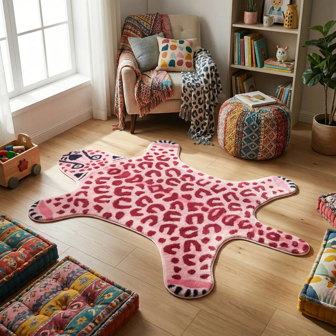 Playful pink leopard print accent rug with wavy Flowique design. Plush modern floor decor for kids room or bedroom.