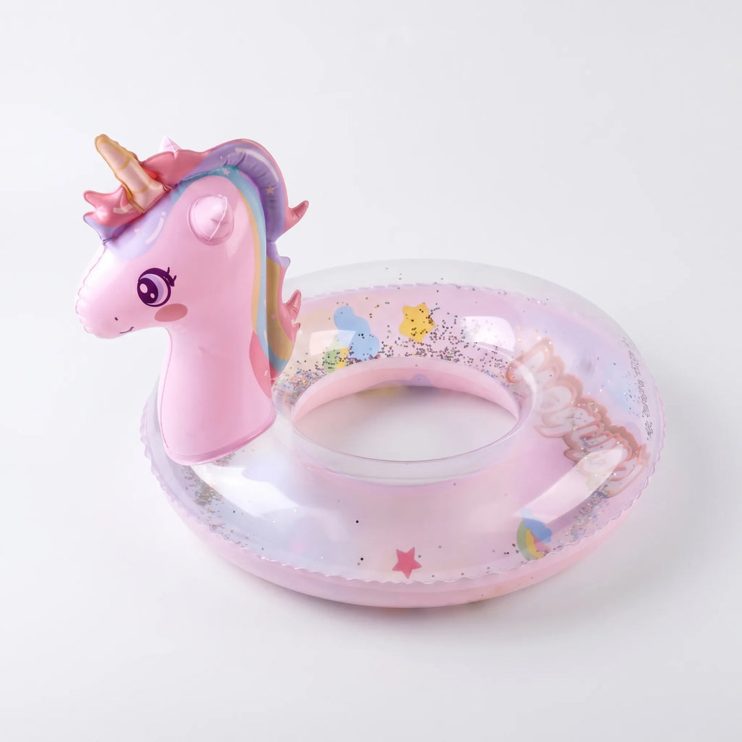 Durable inflatable pink unicorn pool float, a fun summer toy and beach accessory for kids' swimming and relaxation.