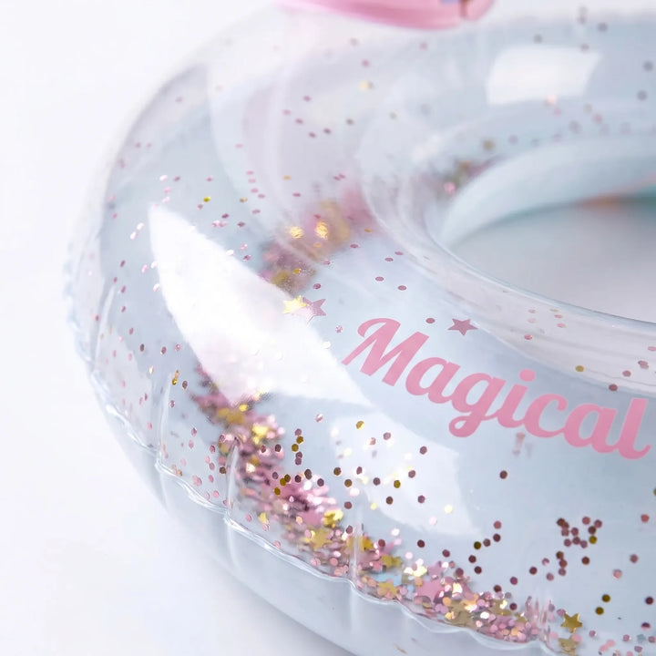 Unisex vibrant pink unicorn pool float with a colorful rainbow mane, ideal for beach days and kids' water adventures.