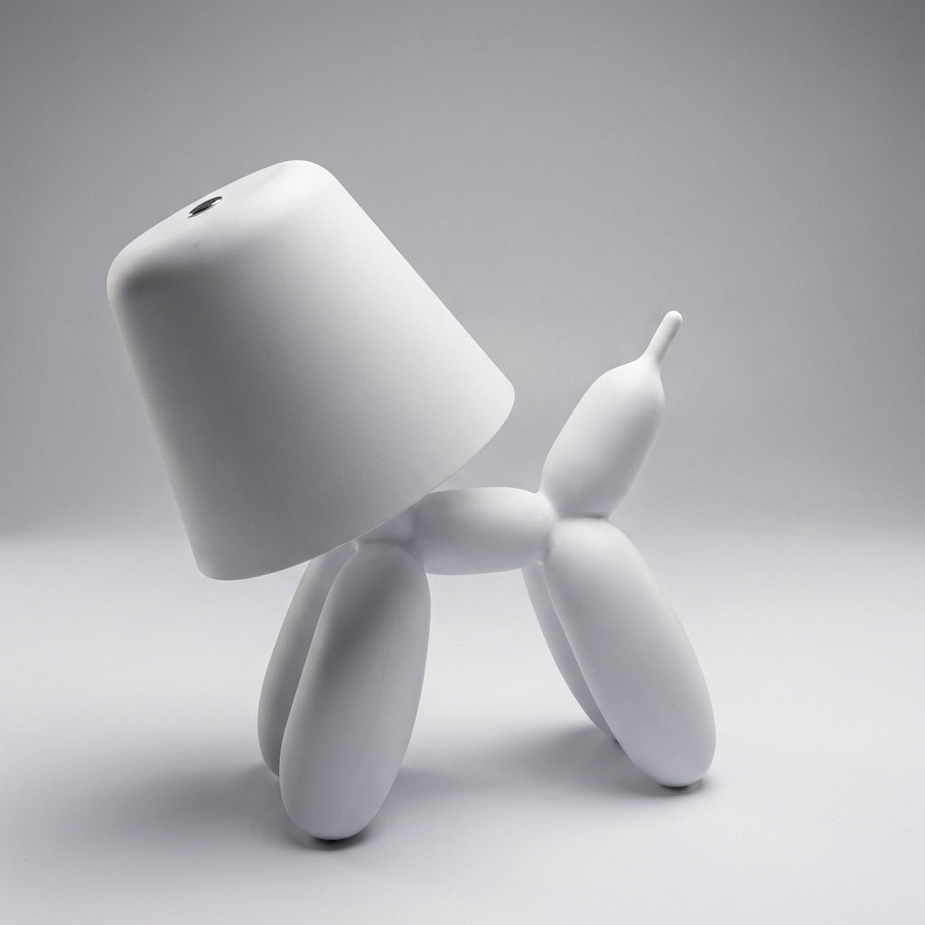 Collection of colorful balloon dog LED lamps, red, blue, green, and white, demonstrating touch control and portability.