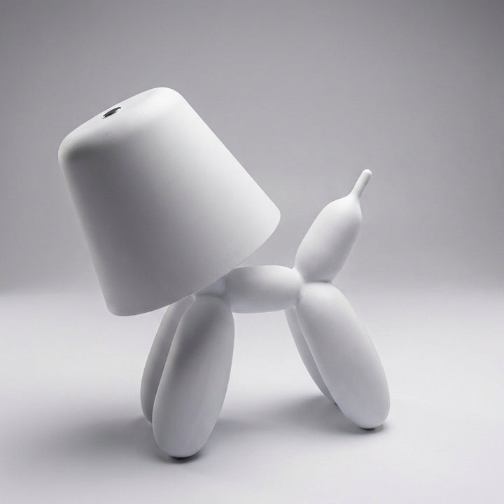 Collection of colorful balloon dog LED lamps, red, blue, green, and white, demonstrating touch control and portability.