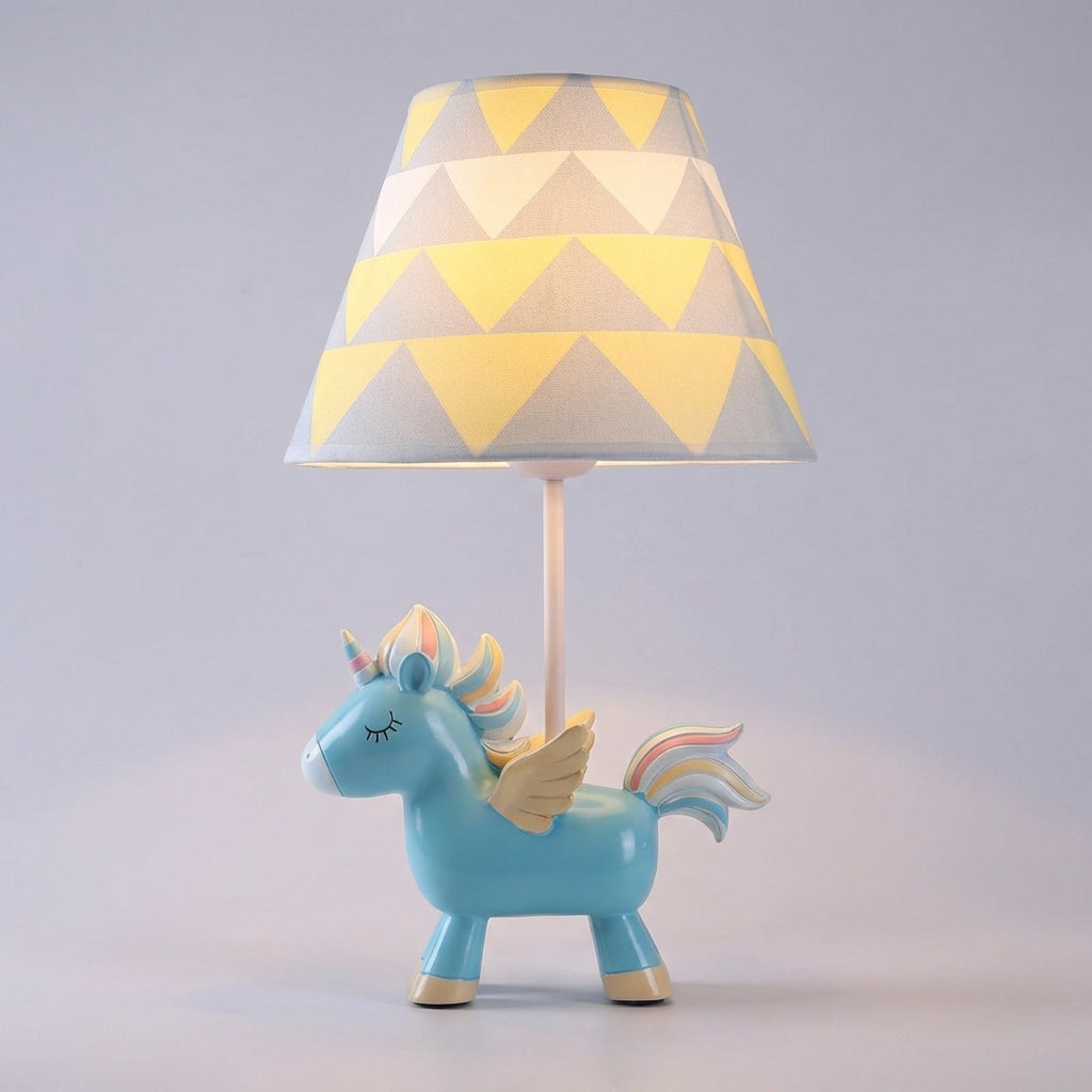 Children's unicorn table lamp, "Lumicorn," casting a gentle light, great for playtime or sleep