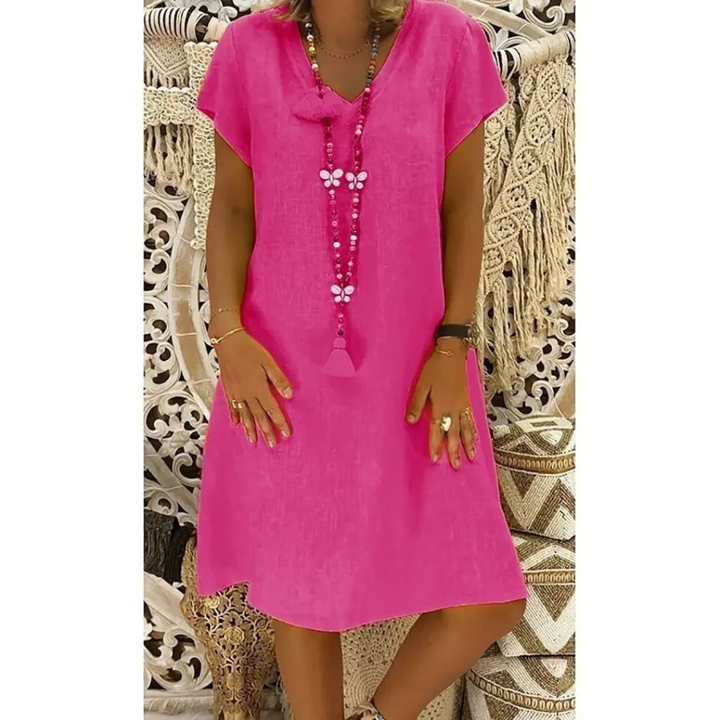 Comfortable plus size flowy women's summer dress, relaxed fit, great for casual warm weather.