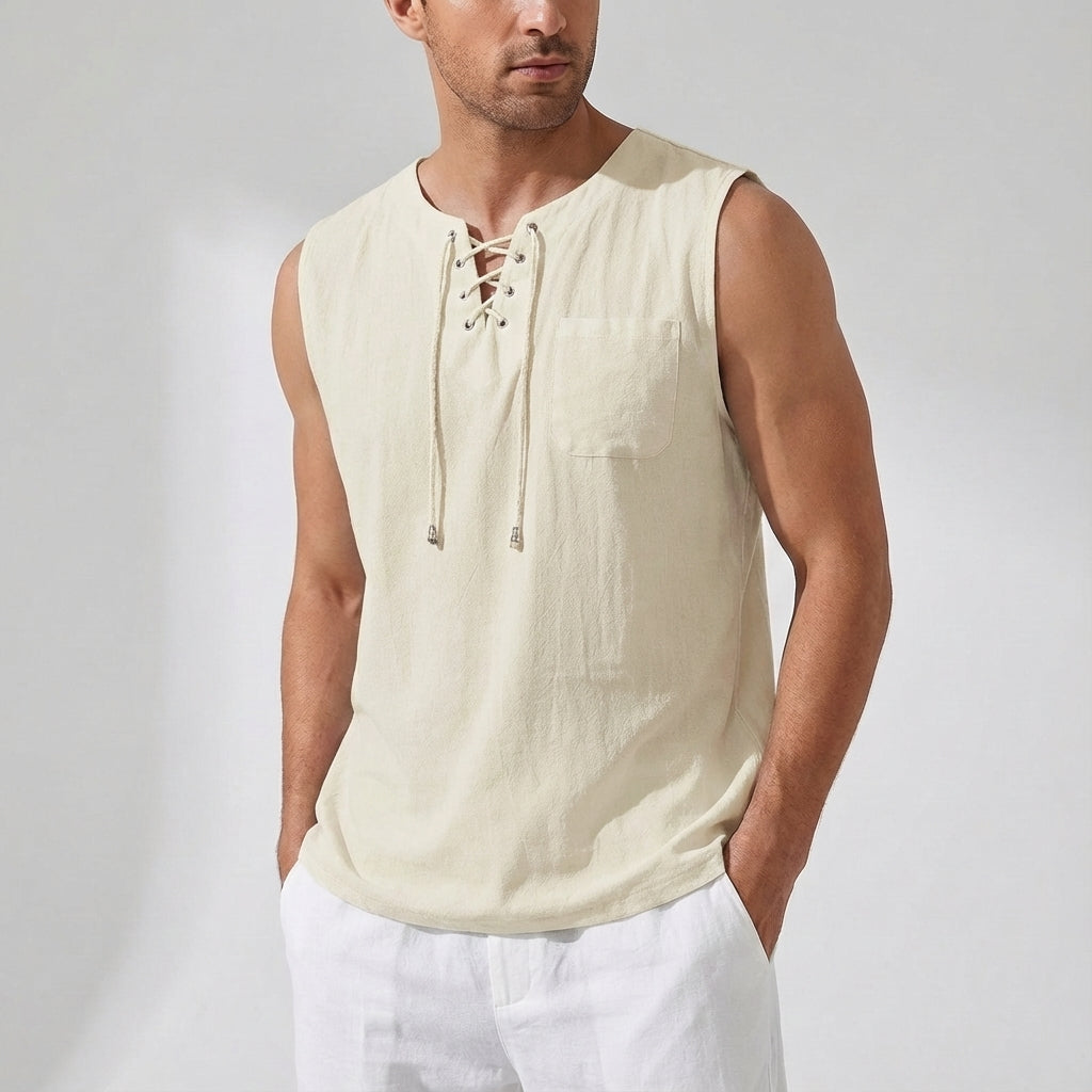 Plus size men's Gary tank top in gray, loose, sleeveless, with unique lacing for a summer look