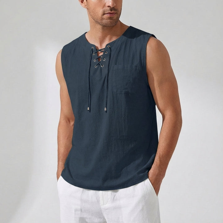 Loose-fit Gary plus size men's tank top, sleeveless with V-neck lacing, great for layering