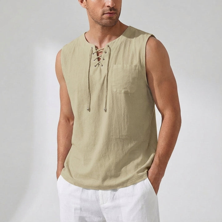 Breathable Gary tank top for plus size men, sleeveless and loose with boho-inspired lacing
