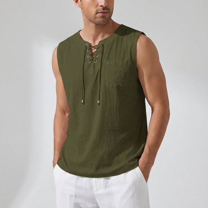Gary plus size men's tank top, loose-fit sleeveless design with V-neck lacing for comfort