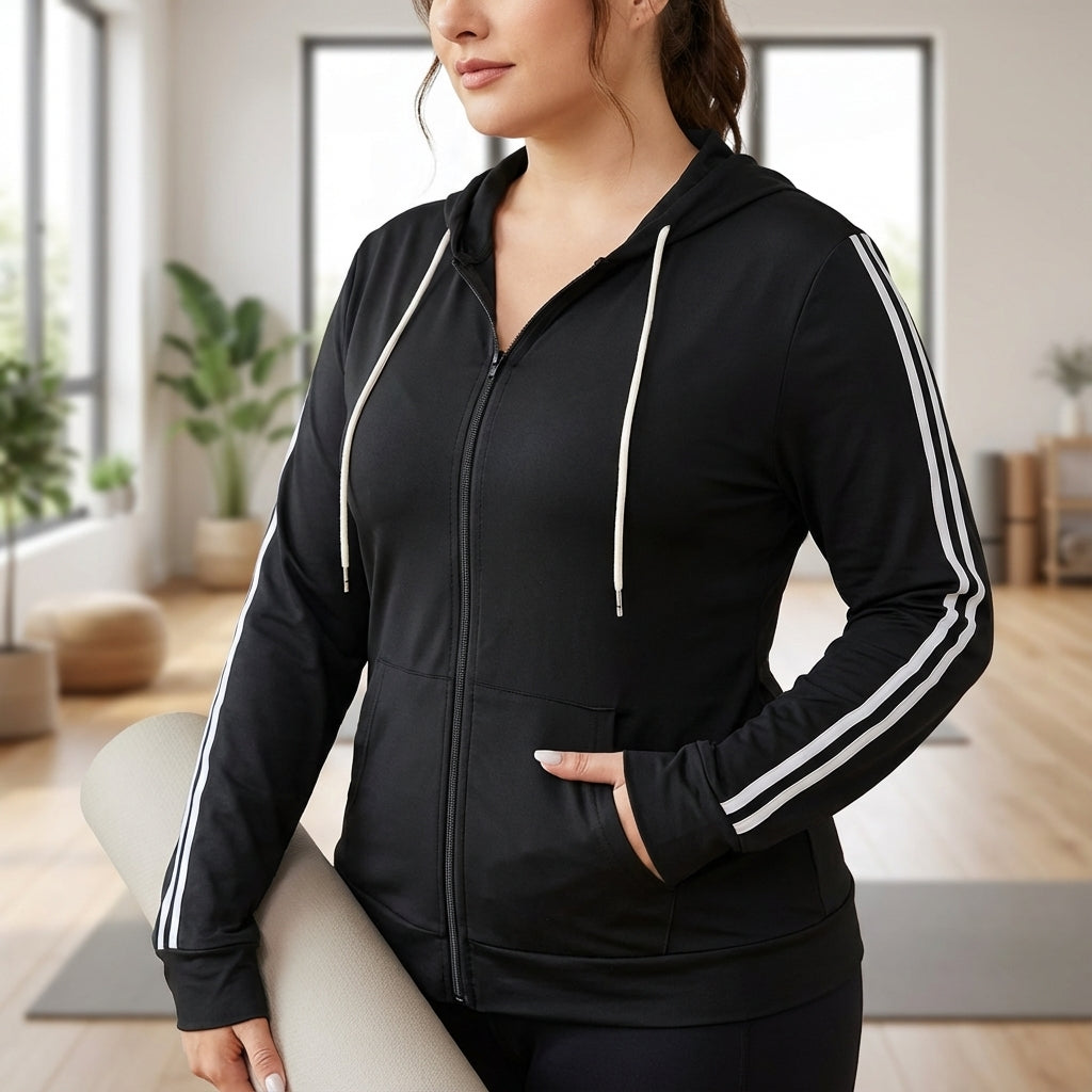 Plus size women's hooded sporty jacket, Stephanie, with striped sleeves, made from comfortable cotton blend