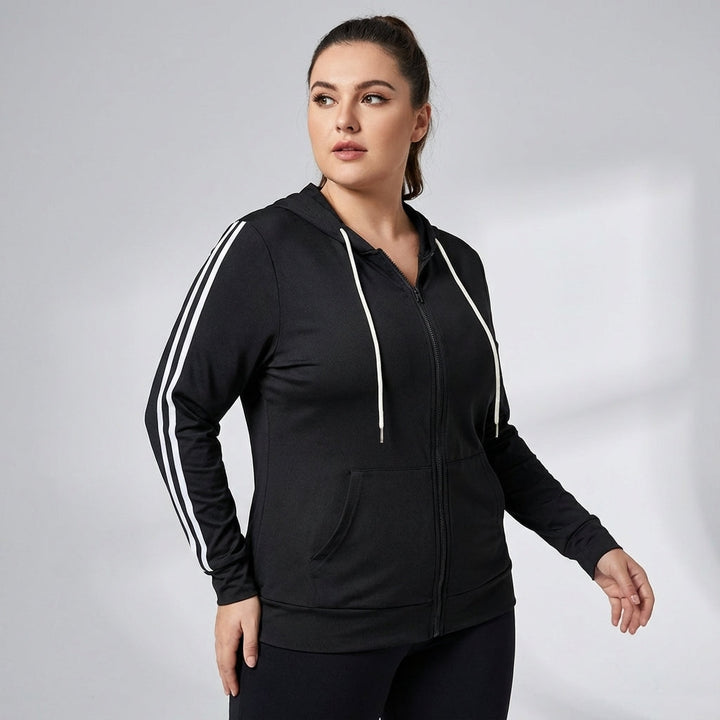 Activewear hooded jacket for plus size women, Stephanie, showing striped sleeves and all-season comfort