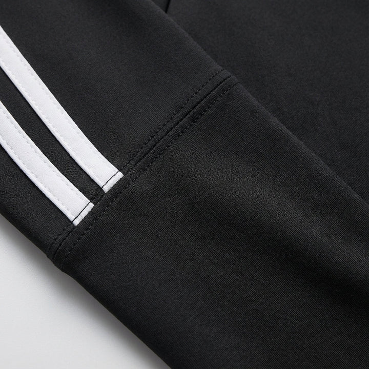 Women's plus size sporty jacket, Stephanie, black with white striped sleeves, ideal for fitness and active wear