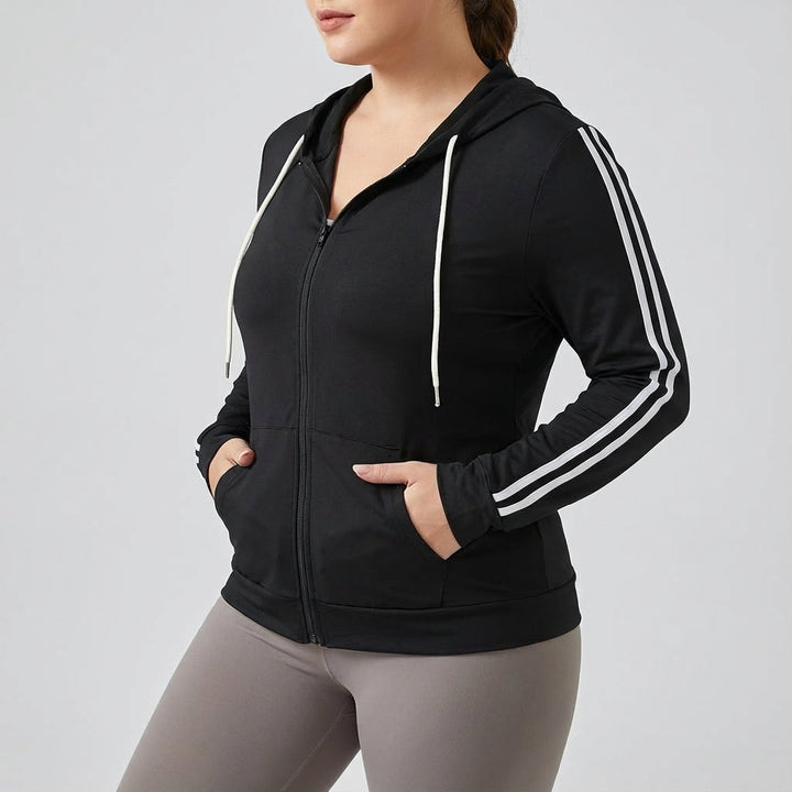 Comfortable cotton blend hooded jacket, Stephanie, for plus size women, featuring sporty design and striped sleeves